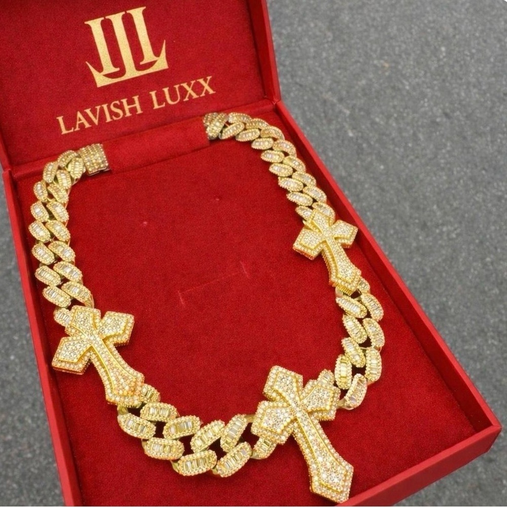 Lavish Gold Crystal Triple Cross Cuban Link Necklace 20inch